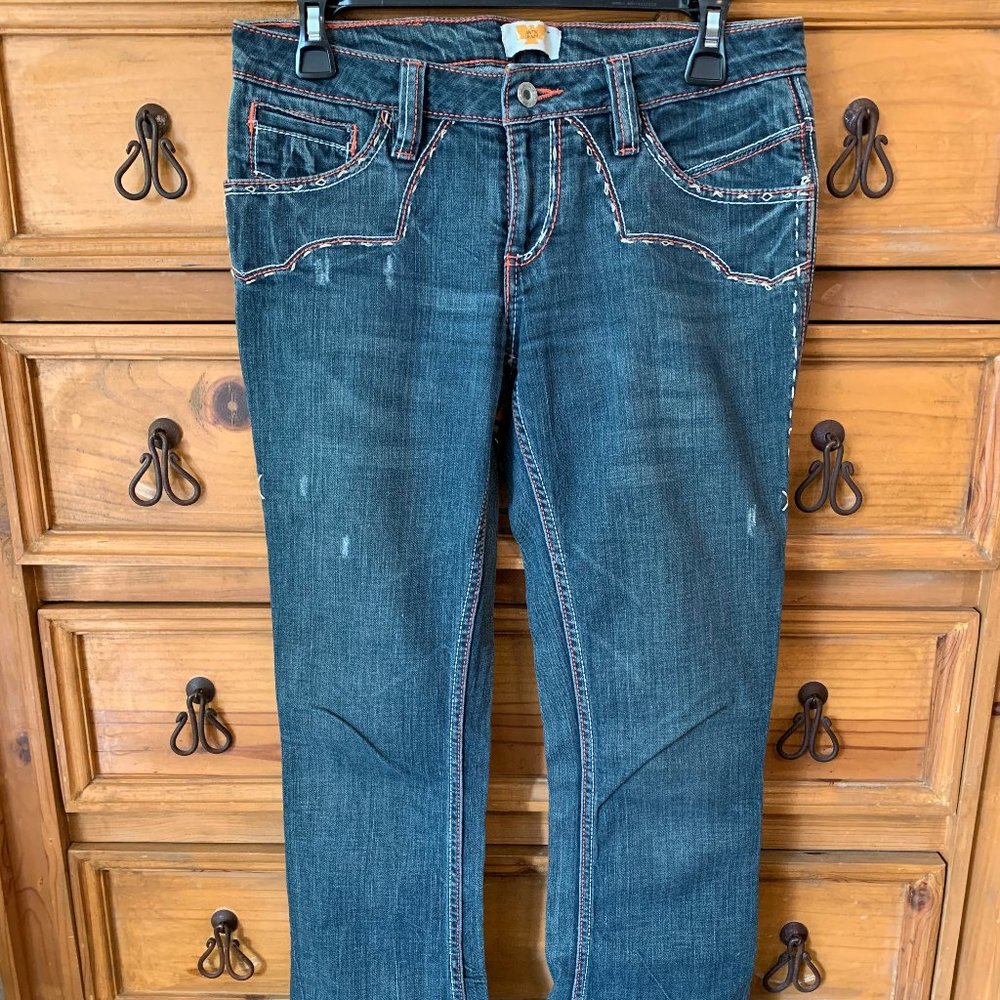 Antik Denim Indigo Low-Rise Jeans w/Salmon & White Stitching. Size 27.